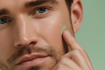 Close-up of young man applying green skincare cream to face, male beauty and grooming routine for healthy, glowing skin and clear complexion