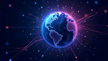 Obraz premium Blue and Purple Glow: Earth Surrounded by Multicolored Circuit Web