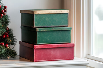 Festive Green and Red Gift Boxes Stacked by Christmas Tree Holiday Cheer