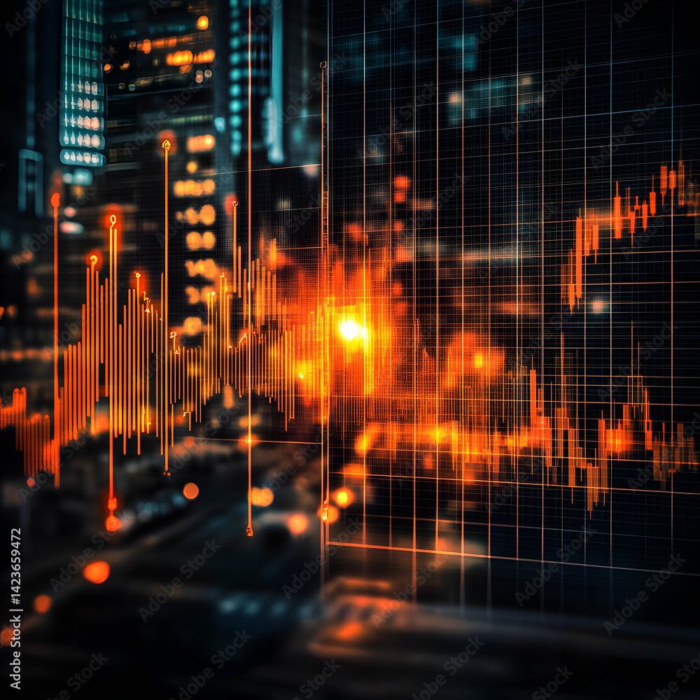Poster digital indicators and declining graphs of a market crash superimpose over a contemporary scene. con