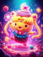 Kawaii magical cosmic background behind cupcake character. Magical food cupcake. Solo cupcake. Magical kawaii background. A cute star aura. Surreal. She is a a warrior cupcake.