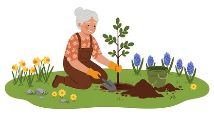 Fototapeta premium Planting a Tree in Spring Garden with Flowers and Gardening Tools