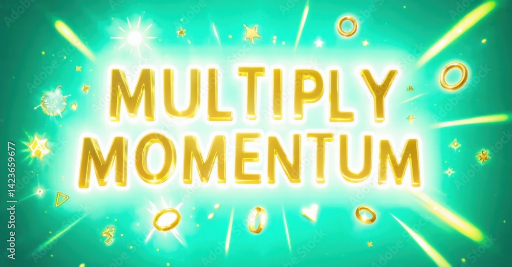 Poster golden text reads multiply momentum against teal background. stars, rings, sparkles add festive feel