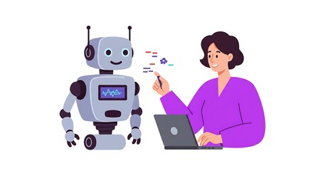 Woman Programming Robot with Laptop Computer in Isolated Studio