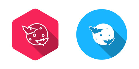 Filled and outline Moon and stars icon isolated with long shadow background. Cloudy night sign. Sleep dreams symbol. Full moon. Night or bed time sign. Vector