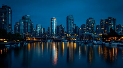 Fototapeta premium A captivating city skyline at twilight, reflecting in tranquil waters, showcasing a serene urban nightscape with warm lights and cool blue hues.