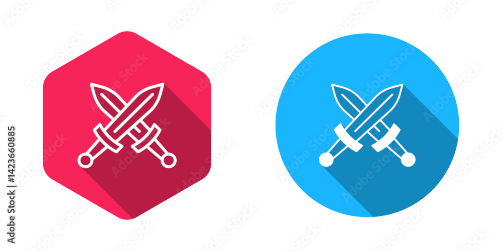 Poster filled and outline crossed medieval sword icon isolated with long shadow background. medieval weapon