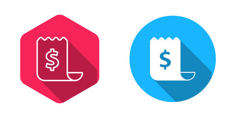 Filled and outline Paper check and financial check icon isolated with long shadow background. Paper print check, shop receipt or bill. Vector
