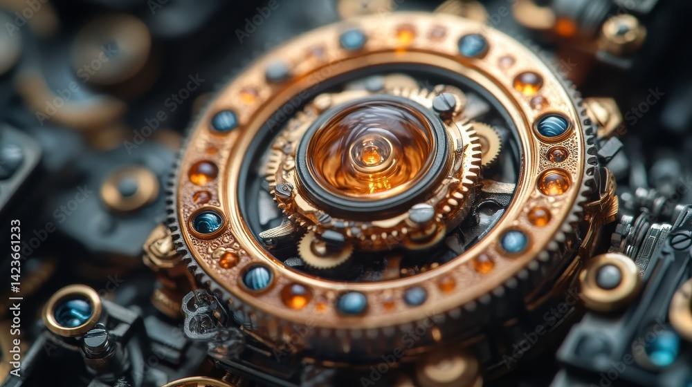 Poster intricate clockwork mechanism with a central lens.