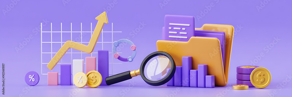 Poster visual representation of data analysis with graphs and financial symbols