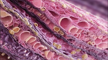 Sturge-Weber Syndrome Awareness Month. Dermatological cross-section of skin showing the histological features of a port-wine birthmark, with enlarged capillaries and venules in the papillary dermis.