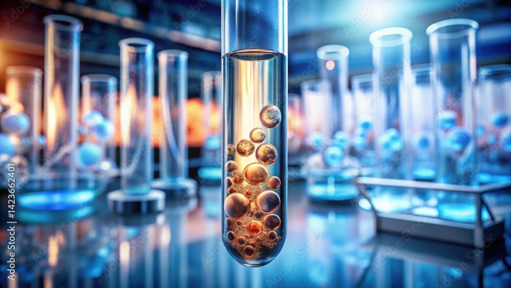 Poster test tube with floating stem cells in a laboratory environment