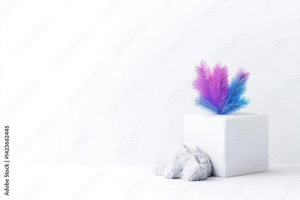 Poster minimalist display with vibrant feathers. a simple, modern, white cube pedestal with colorful feathe