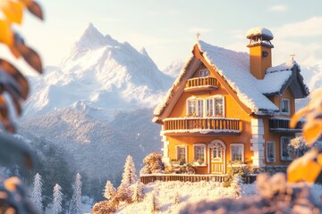 A charming orange chalet nestled in a snowy mountain landscape, bathed in golden sunlight.