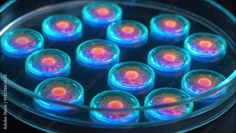 Poster close-up of bioluminescent stem cells in petri dish display