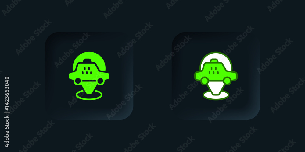 Poster green map pointer with taxi car icon isolated on black background. location symbol. black square but