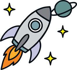 Cute Cartoon Rocket Flying Through Space