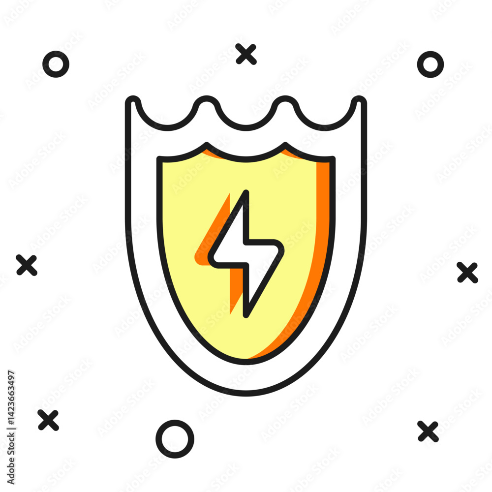 Poster filled outline lightning and shield icon isolated on white background. high voltage shield. safe ene