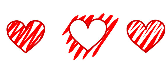 Hearts draw, hand brush  hatching , red, white shape inside out side pencil lines. valentines,  mothers day. Vector illustration