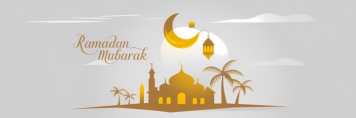 A spiritually serene traditional Ramadan-themed illustration featuring a crescent moon star illuminating a silhouetted mosque palm trees under a twilight sky with Ramadan Mubarak elegantly displayed