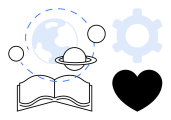Open book with planets, Earth orbit, heart, and gear highlighting learning, exploration, creativity, love, science productivity education. Ideal for knowledge imagination curiosity teamwork