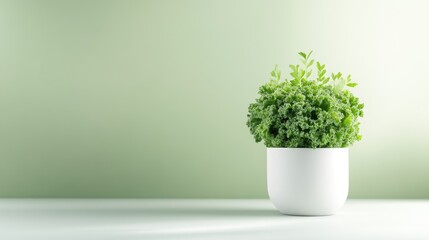 Fresh, vibrant green plant in a white pot against a muted green backdrop.  A serene and peaceful indoor display