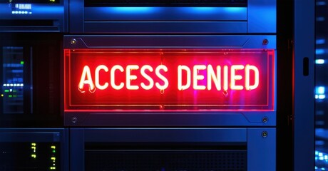 Neon access denied sign flickering in red on futuristic server room wall deep navy and bright silver symbolizing restricted data access