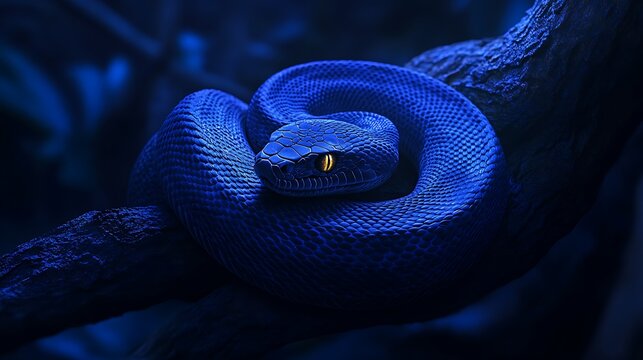 Fototapeta Blue Snake Coiled on Branch with Yellow Eyes in Dark Environment