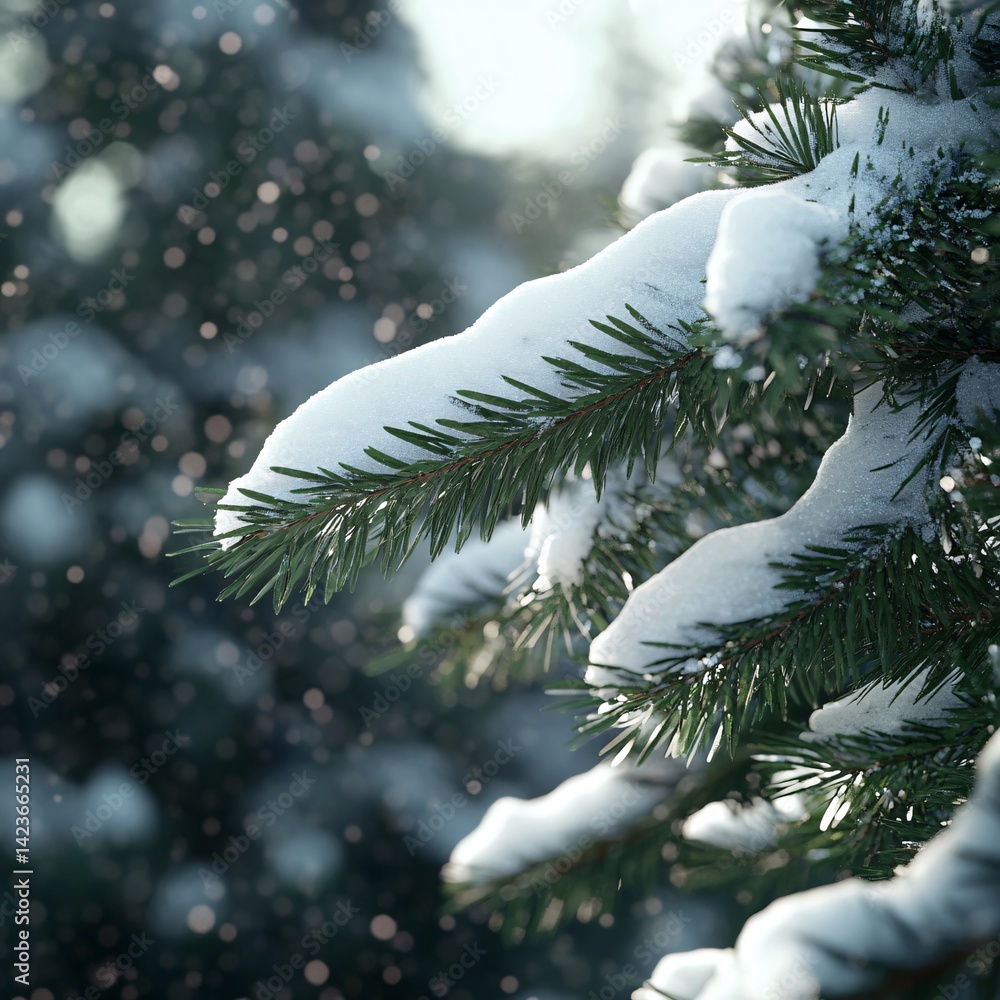 Poster pine tree branch covered with snow during snowfall