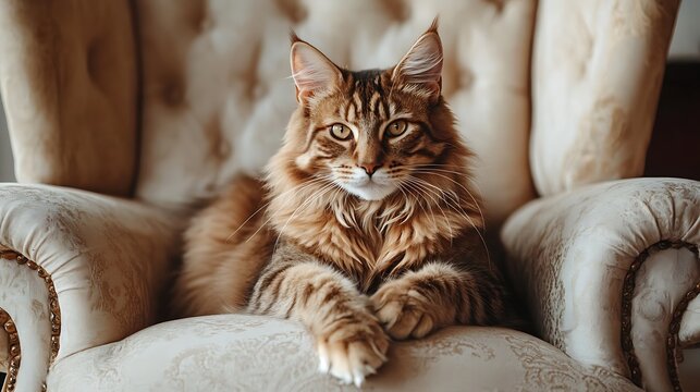 Maine Coon Cat Relaxing on an Elegant Vintage Chair Indoors