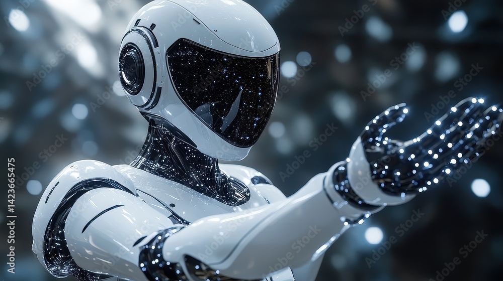 Poster advanced robotic figure in futuristic display.