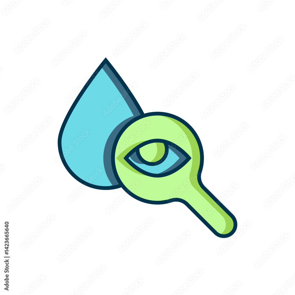 Poster filled outline drop and magnifying glass icon isolated on white background. flat filled outline styl