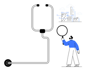 Stethoscope symbolizing diagnosis, figure using magnifying glass, cityscape in background. Ideal for health, research, urban planning, investigation, innovation, diagnostics simple landing page