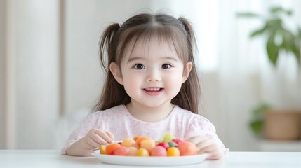 Toddler with Fruit Salad Soft Bright Style High Resolution Portrait Close-Up View Smiling Cheerfully Bright Background Warm Gentle Tones Ideal for Baby Food Ads