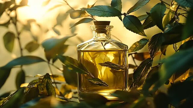 Glass bottle filled with golden liquid surrounded by green leaves in a sunlit setting