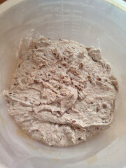 freshly mixed sourdough dough with starter ready for fermentation in a plastic bowl