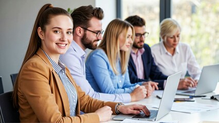 Team portrait full of ambition for success in a bright meeting room with a smiling young woman looking at the camera while a diverse young business team works collaboratively in the background