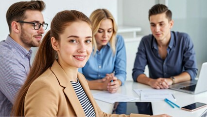 Fototapeta premium Team portrait full of ambition for success in a bright meeting room with a smiling young woman looking at the camera while a diverse young business team works collaboratively in the background