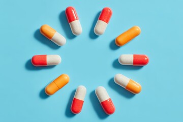 Assorted Pharmaceutical Capsules Arranged Around a Vibrant Blue Void Representing Health and Healing Energy