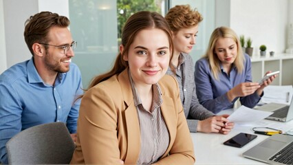 Fototapeta premium Team portrait full of ambition for success in a bright meeting room with a smiling young woman looking at the camera while a diverse young business team works collaboratively in the background