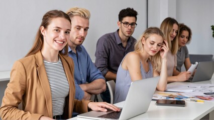 Team portrait full of ambition for success in a bright meeting room with a smiling young woman looking at the camera while a diverse young business team works collaboratively in the background