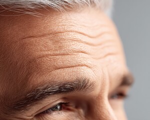 Close-up of a forehead etched with fine lines and wrinkles, revealing a lifetime of experience - expressions closeup shot skin