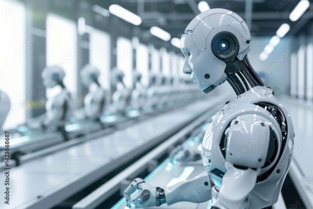 Poster assembly line of advanced humanoid robots in a futuristic factory
