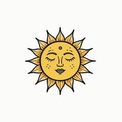 Sleeping sun with closed eyes over crescent, astrology, planets on orbits in space, sun face vector cartoon illustration isolated on white background