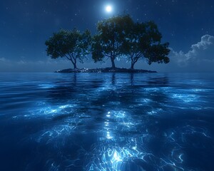 Tropical island lagoon glowing under the moonlight
