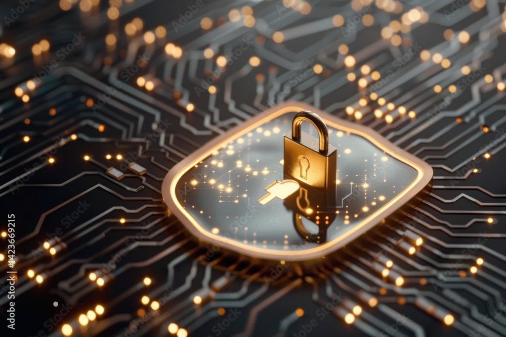 Poster gold padlock on a circuit board, symbolizing digital security and data protection