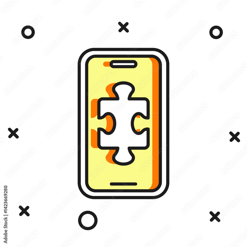 Poster filled outline smartphone and playing in game icon isolated on white background. mobile gaming conce