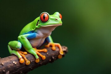 Naklejka premium Green tree frog perched on white, vibrant skin details, design, illustration, zoology