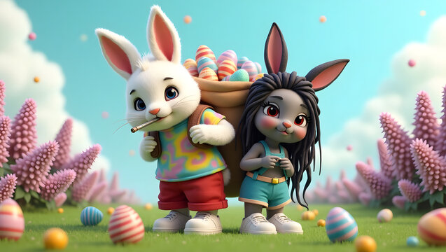 A cute and semi-realistic 3D teddy bear white and black rabbit character named Donte, with soft fluffy fur, big blue eyes that are red