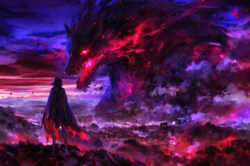 Obraz premium A colossal, fiery beast looms over a besieged city at twilight.